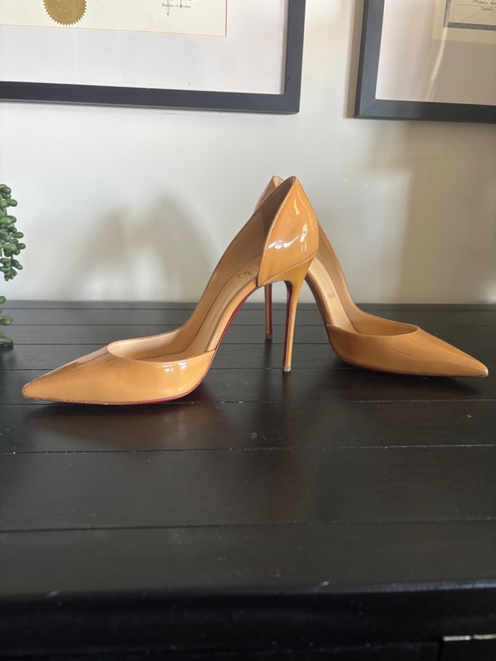 Christian Louboutin Patent Pointed-Toe Stiletto Pump in Camel